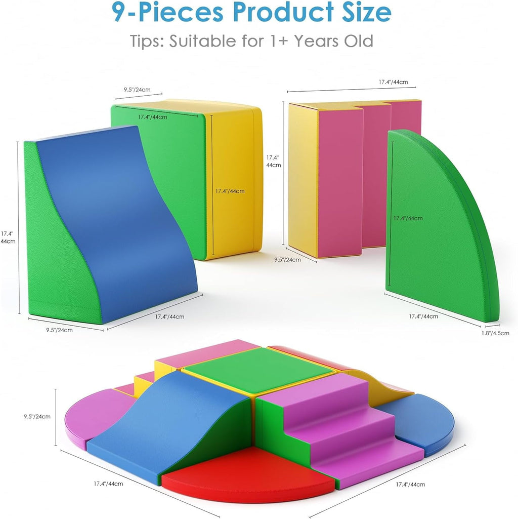 Foam Climbing Blocks for Toddlers, 9 Pieces Soft Play Climbing for Kids, Toddler Climbing Toys with Stair and Slide, Indoor Crawl and Climb Playset for Kids (Colorful)