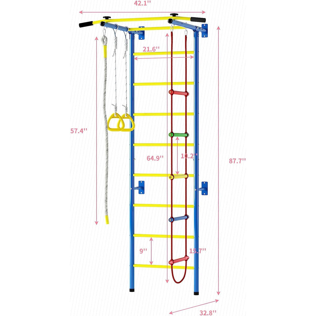 Cuoote 5 in-1 Metal Wall Ladder Stall Bars Set, Indoor Kids Gym for Exercise, Ladder Wall Set with Wall Ladder, Pull-up Bar, Climbing Rope, Gymnastic Rings, Kids Climbing Toys for Boys Girls