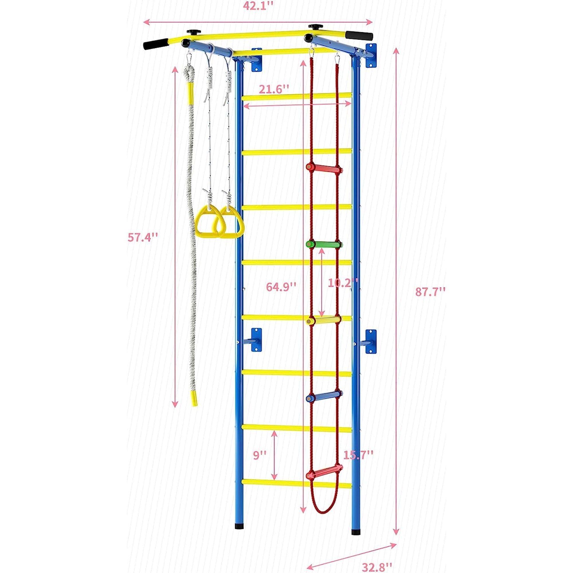 Cuoote 5 in-1 Metal Wall Ladder Stall Bars Set, Indoor Kids Gym for Exercise, Ladder Wall Set with Wall Ladder, Pull-up Bar, Climbing Rope, Gymnastic Rings, Kids Climbing Toys for Boys Girls
