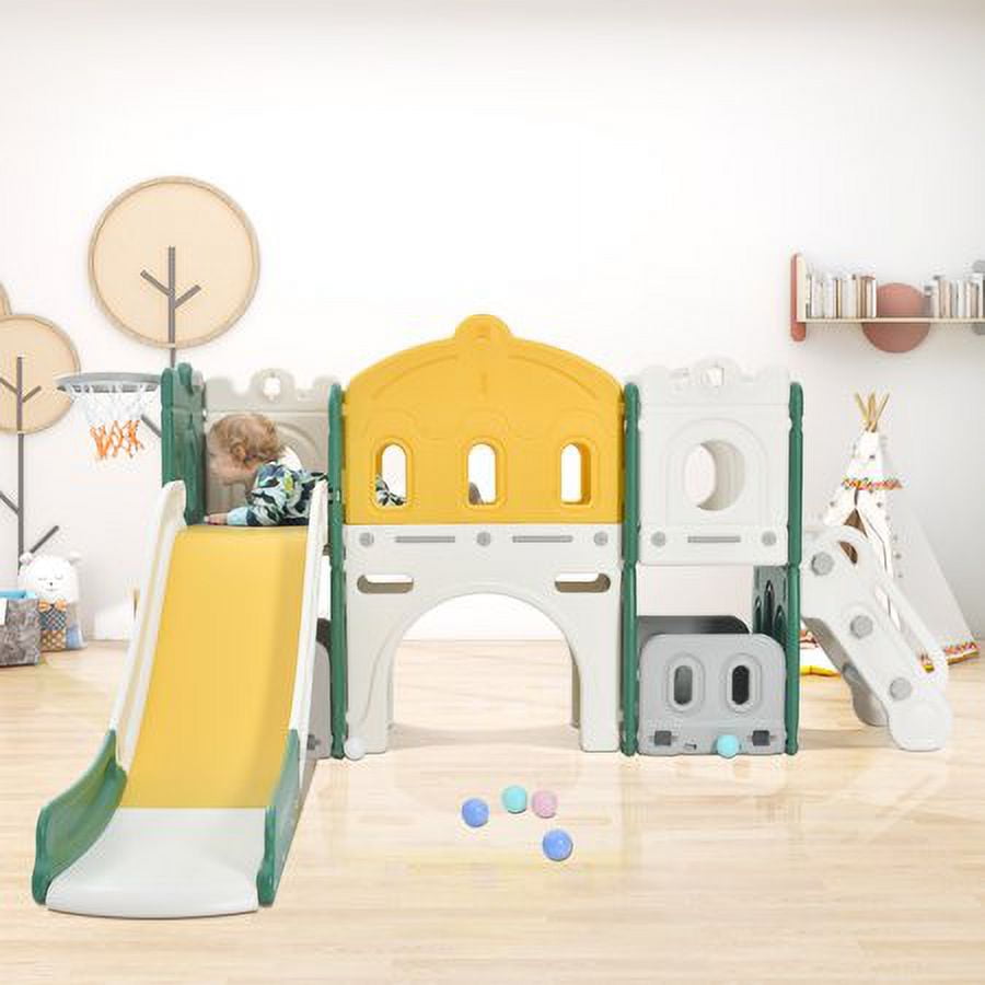 CHURANTY Kids Slide Playset Structure Indoor , Castle Climber with Slide and Basketball Hoop,  Kids Climbers Playhouse for Outdoor Playground Activity,Toy Storage Organizer for Toddlers, Green
