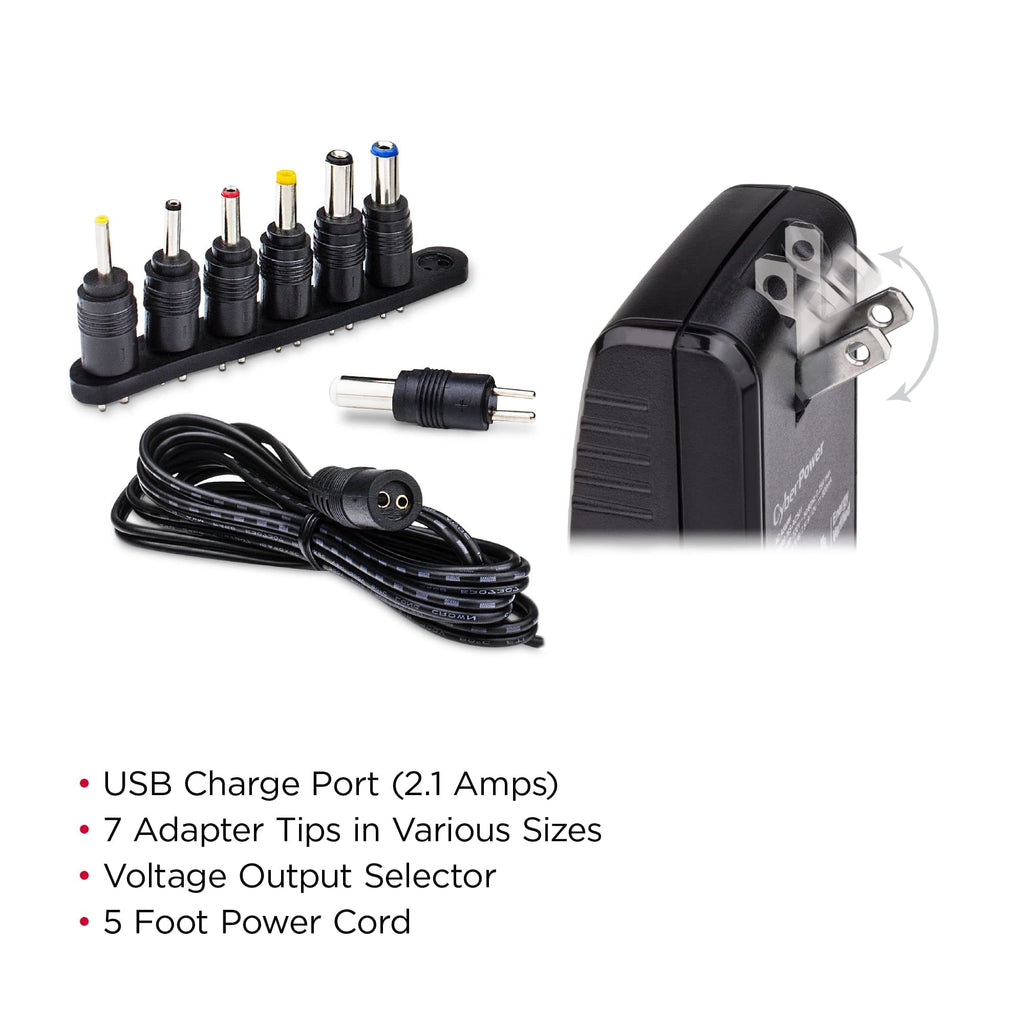 CyberPower CPUAC1U1300 Universal Power Adapter 3 -12 Volt / 1300mA with Folding AC Plug and 2.1 Amp USB Charge Port