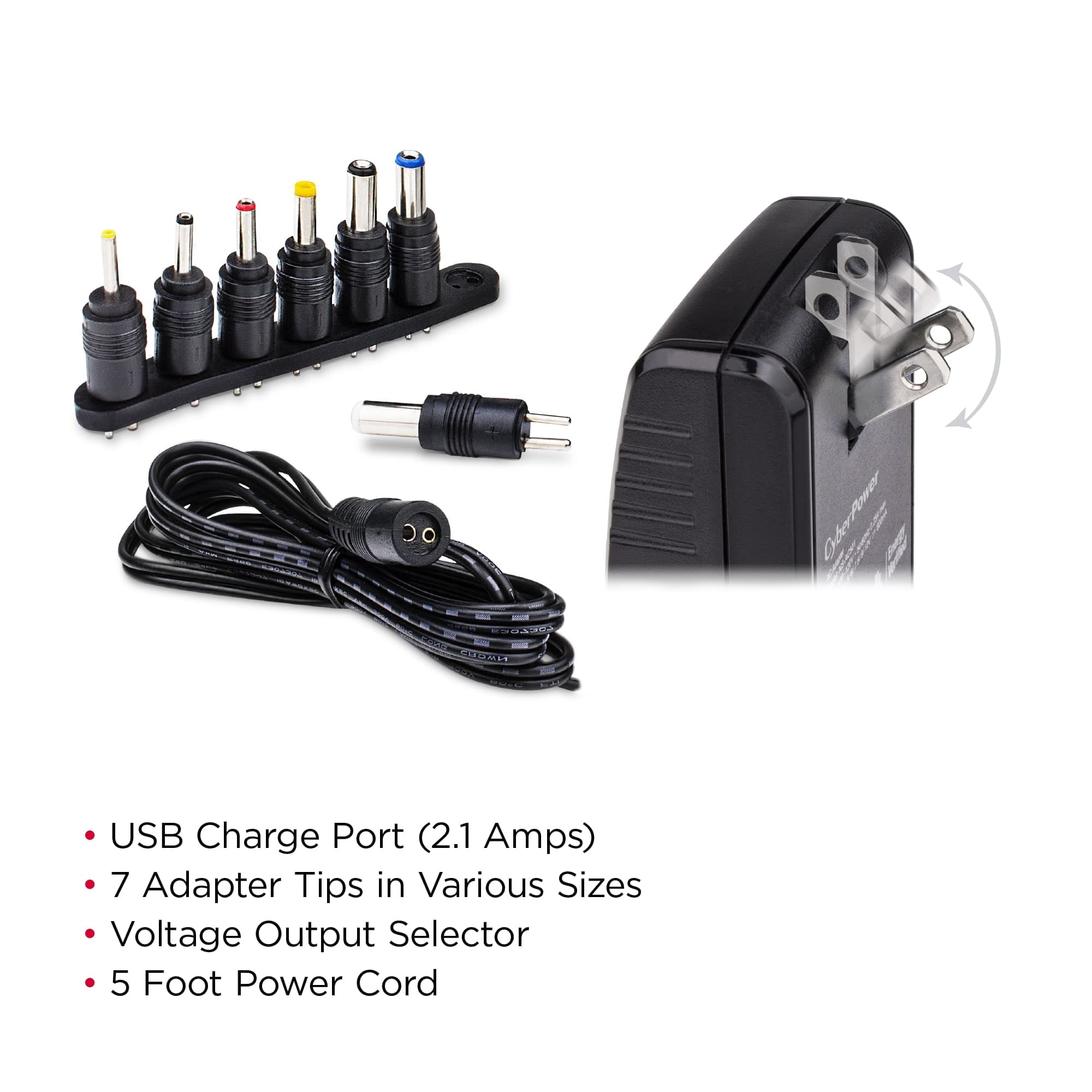 CyberPower CPUAC1U1300 Universal Power Adapter 3 -12 Volt / 1300mA with Folding AC Plug and 2.1 Amp USB Charge Port