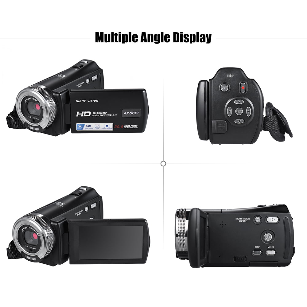 Andoer V12 1080p Full HD 16X Digital Zoom Recording Video Camera Portable Camcorder with 3.0 Inch Rotatable LCD Screen Max. 20 Pixels Support Night Vision Face Detection Face Beautification