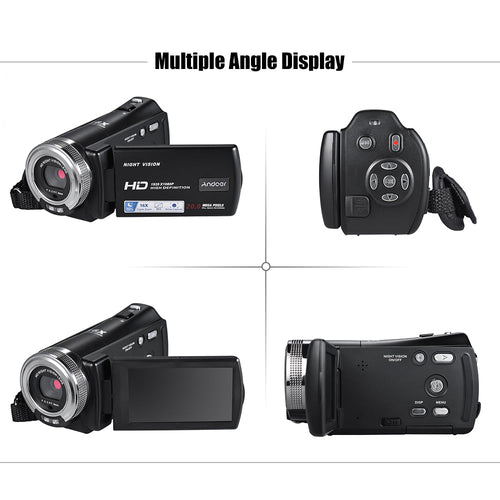 Andoer V12 1080p Full HD 16X Digital Zoom Recording Video Camera Portable Camcorder with 3.0 Inch Rotatable LCD Screen Max. 20 Pixels Support Night Vision Face Detection Face Beautification