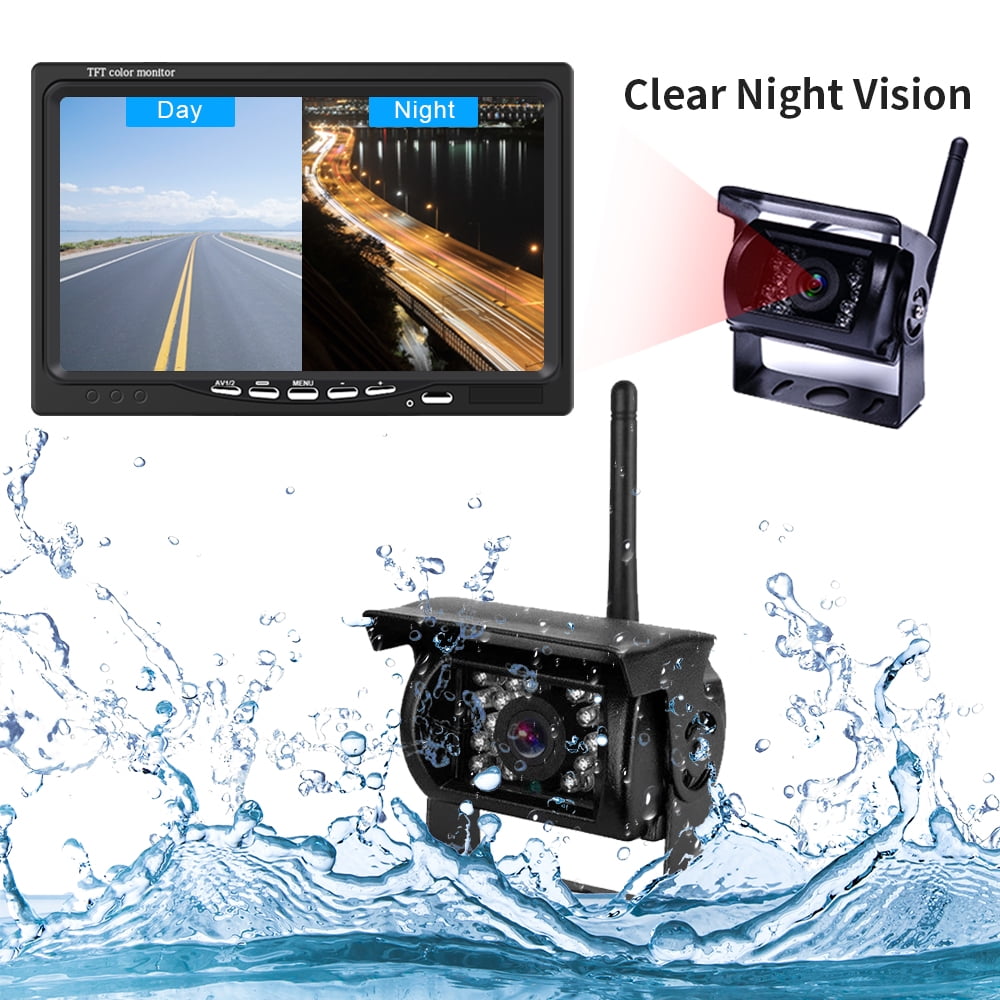 Podofo Wireless Vehicle Truck 2 Backup Parking Assistance System, Ir Night Vision Waterproof Rear View Camera + 7" Monitor for RV Truck Trailer Bus