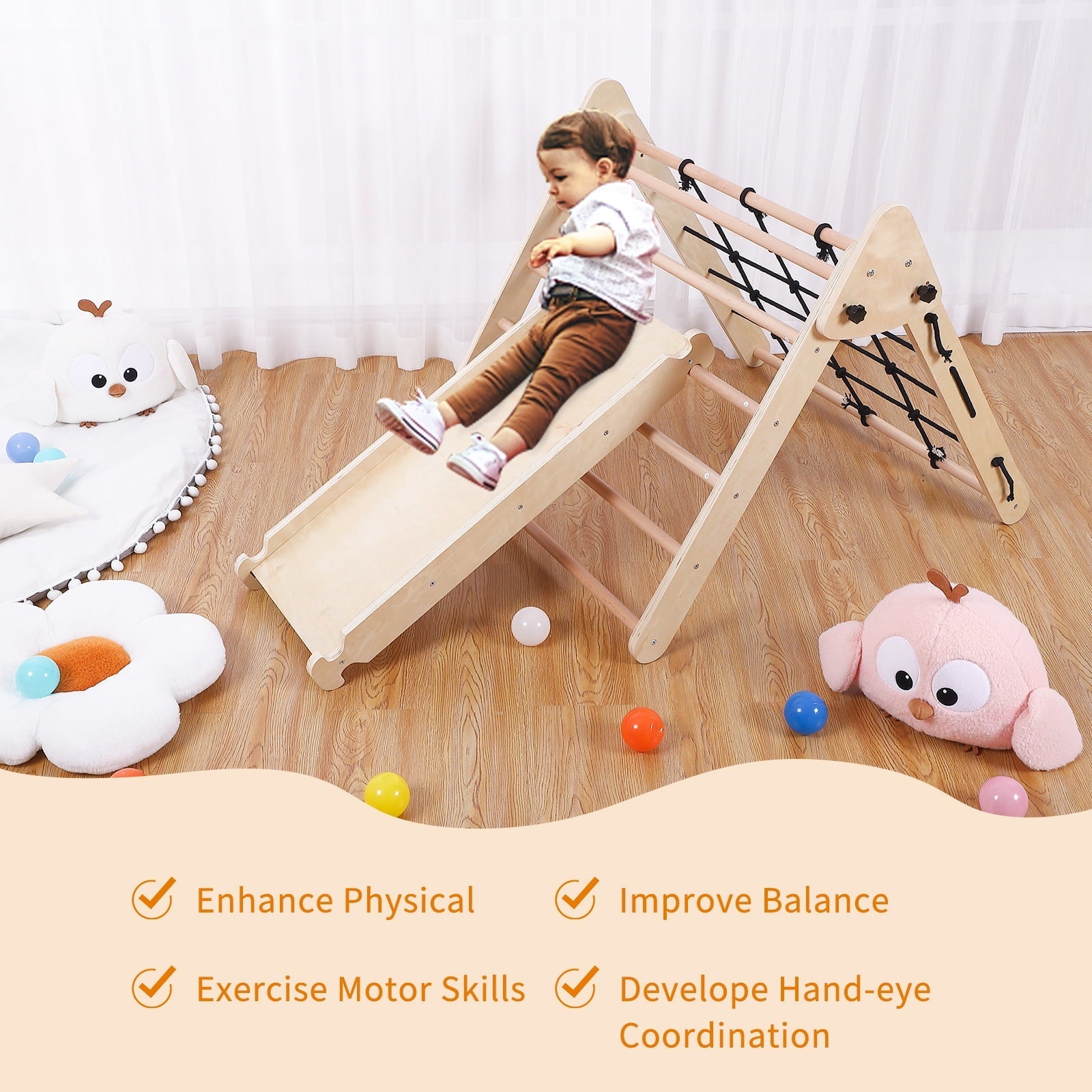 DSstyles Toddler Indoor Gym Playset, 2-in-1 Wooden Climbing Toys, Triangle Folding Climbing for Climbing & Sliding for Boys and Girls,18M+