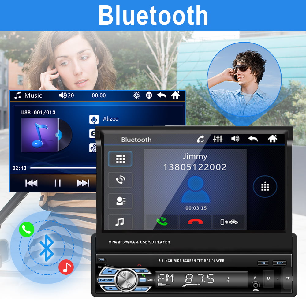 Podofo 1 DIN 7" HD Retractable Car Stereo Car Radio with Bluetooth Touch Screen Single Din Car MP5 Player Monitor SD FM USB with 4 LED Rear View Camera