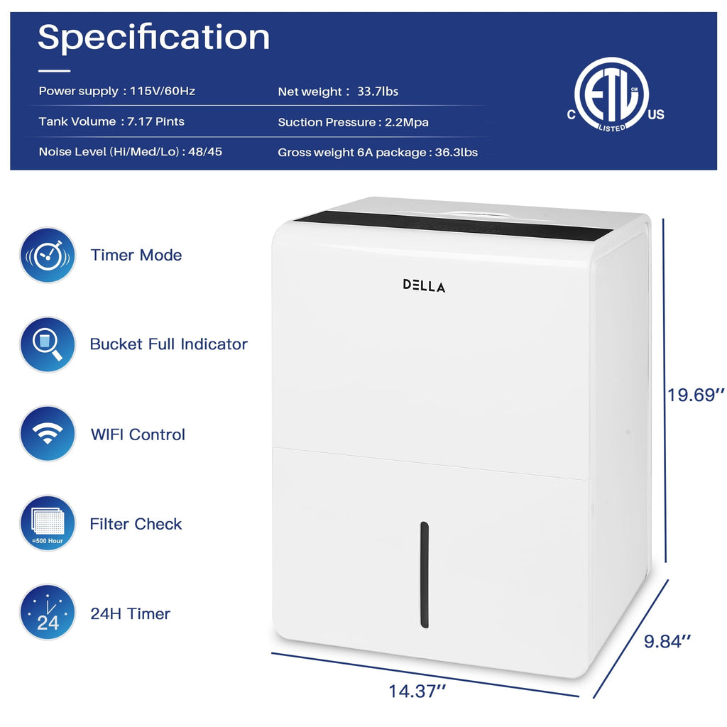 DELLA  3000 Sq. Ft Smart Dehumidifier WIFI, 35 Pint DOE (Previously 50 pint), 115V Energy Star Appliance, Ideal for Basements, Large & Medium  Roo\ms, and Bathrooms