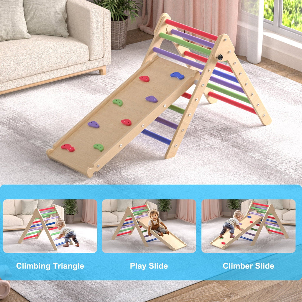 YUFU 2 in 1 Climbing Triangle Ladder with Ramp Foldable Wooden Triangle Climber Set Montessori Climbing Toys for Kids Ourdoor Indoor Playground Play Gym