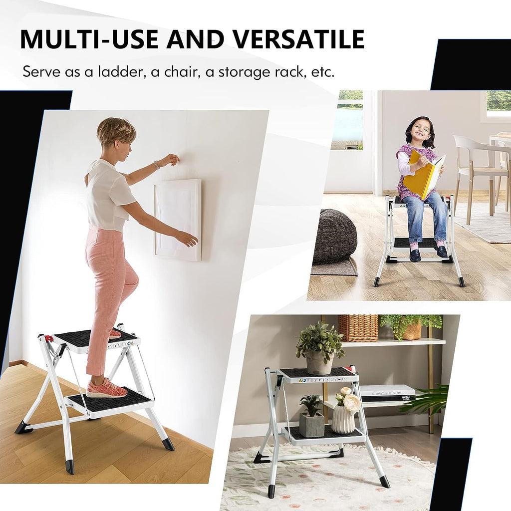 PHANCIR 2 Step Stool Ladder, 330 Lbs Capacity Folding Step Stool for Adults with Anti-Slip Pedals Large Foot Pads, Heavy Duty Steel Sturdy Portable Step Stool Ladder for Kitchen, Household, Office