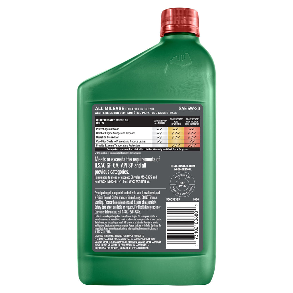 Quaker State All Mileage Synthetic Blend 5W-30 Motor Oil, 1 Quart