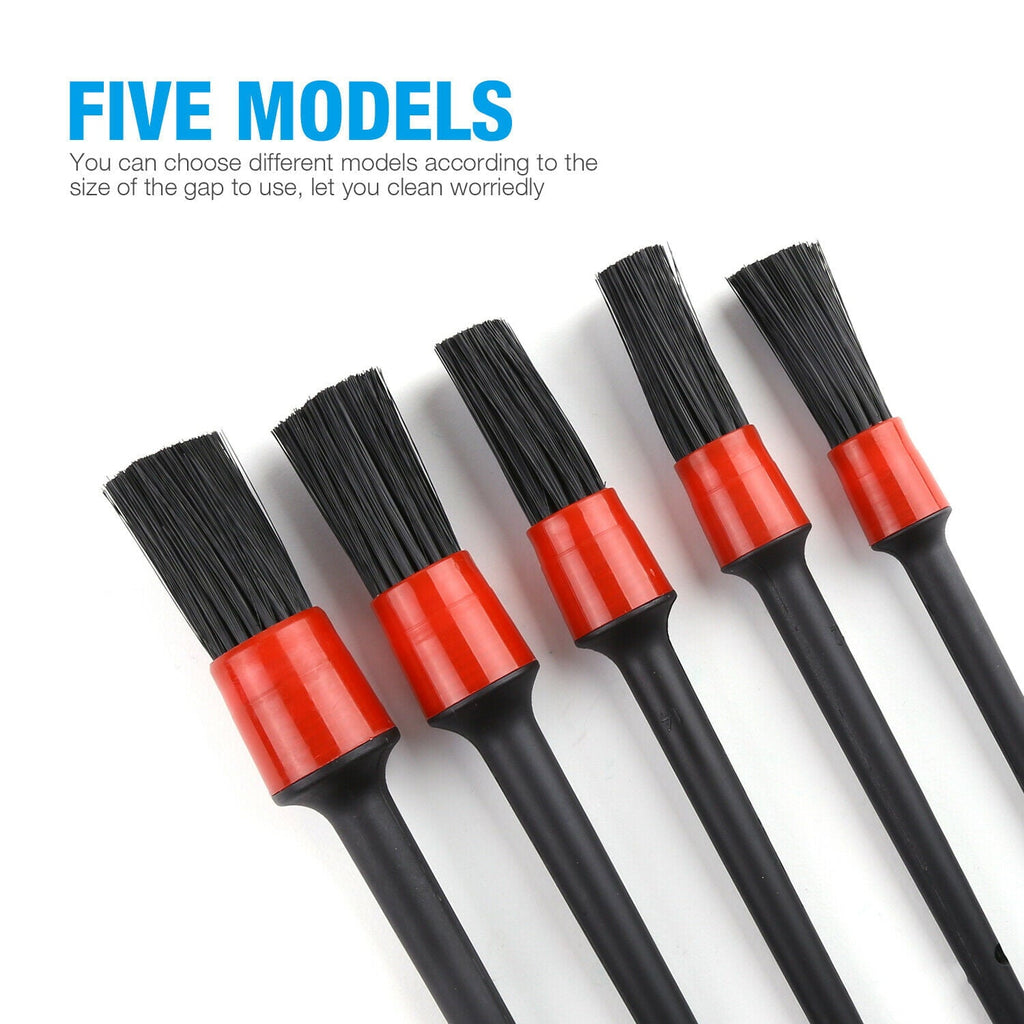 Detailing Brush Kit (Set of 5), Natural Boar Hair Mixed Fibre Beech Handle, Automotive Cleaning Brushes Wet & Dry Use Scratch Free for Interior Exterior Leather Emblem Wheel Tire Nut