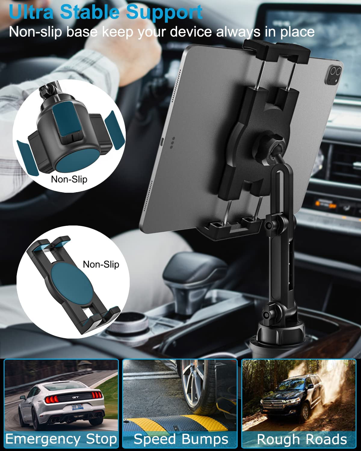 woleyi Cup Holder Car Tablet Mount,  iPad Mount Holder for Car/Truck, Compatible with iPad Pro Air Mini, Galaxy Tabs, Cell Phones, 4-12.9" Devices