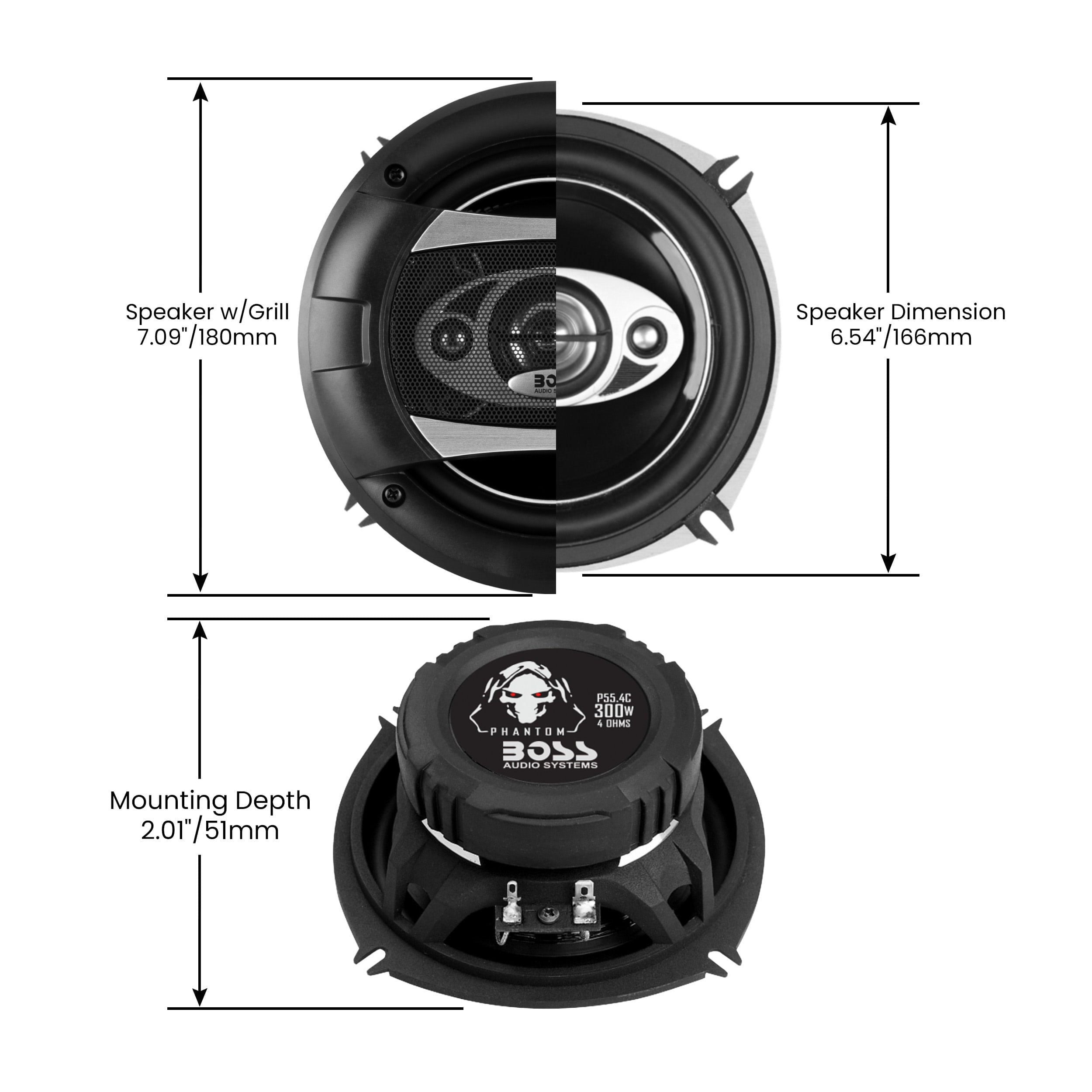 BOSS Audio Systems P55.4C Phantom Series 5.25 Inch Car Stereo Door Speakers - 300 Watts Max, 4 Way, Full Range Audio, Tweeters, Coaxial, Sold in Pairs