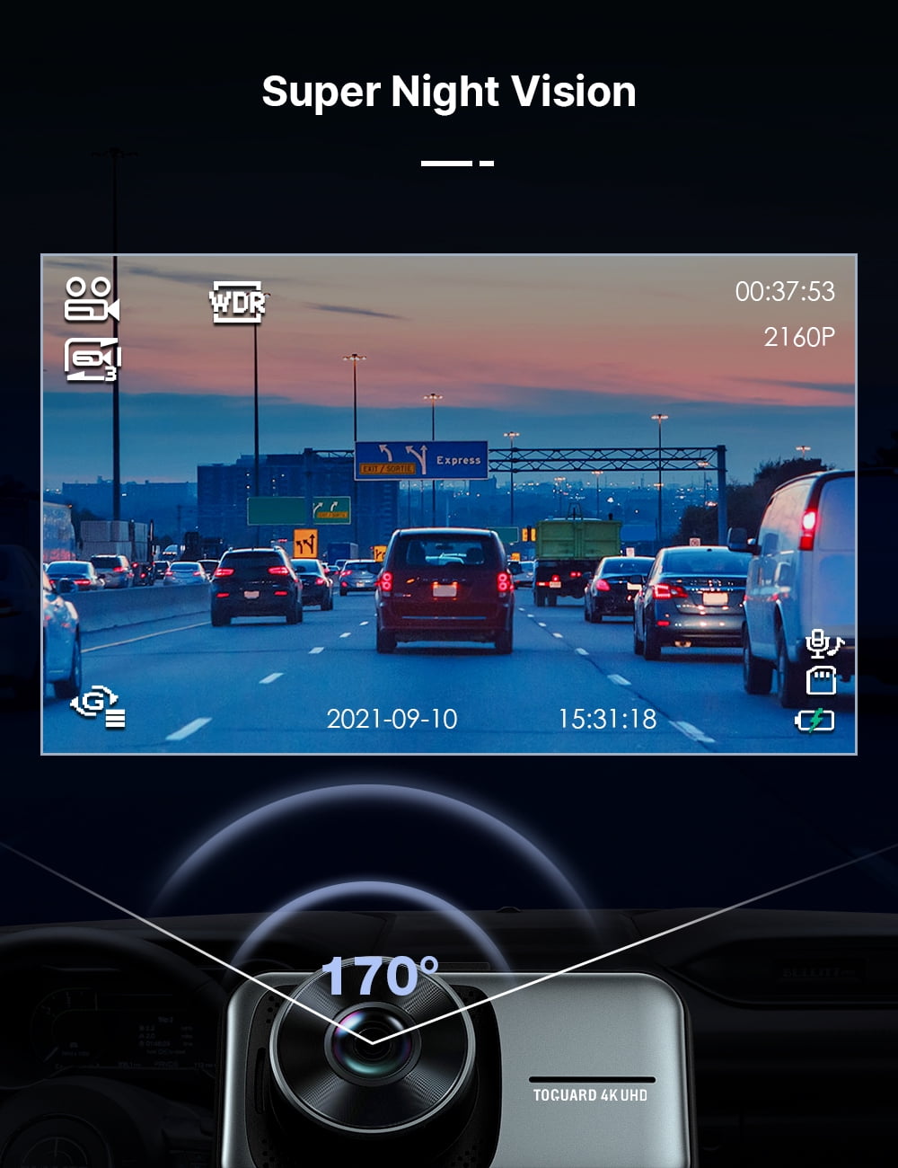 TOGUARD 4K Dual Dash Cam for Cars UHD 2160P+1080P Front and Rear Dash Camera, 3" Display Car Dashboard Camera Battery Drive Recorder  Parking Mode G-Sensor Support 256GB SD Card