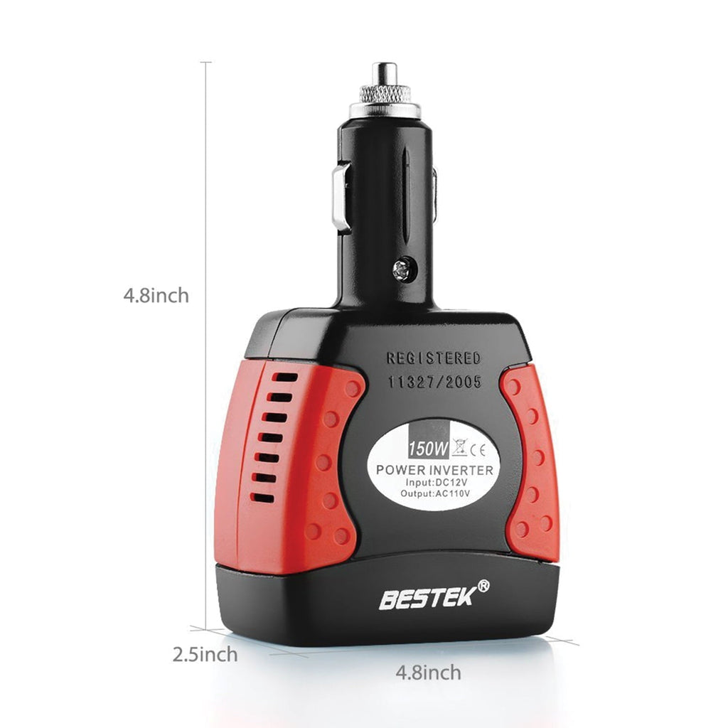 BESTEK MRI1511U 150-Watt 12-Volt DC Plug-in Cigarette Lighter Power Inverter with Fixed Plug Head, 1 AC Outlet, and 2 USB Ports with 3.1 Amps Shared