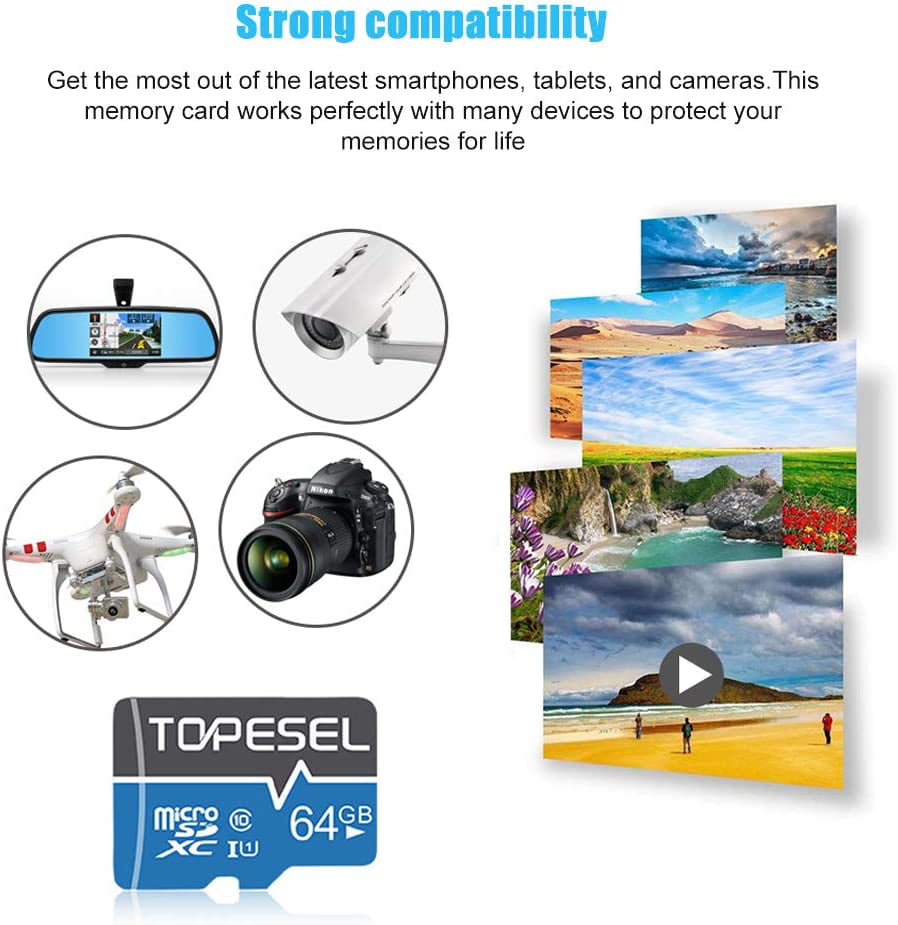 2 Pack 64GB Micro Sd Card with Adapter TOPESEL Micro SDXC TF Card Class 10 UHS-I Memory Cards for Camera Phone Drone Dash Cam Blue