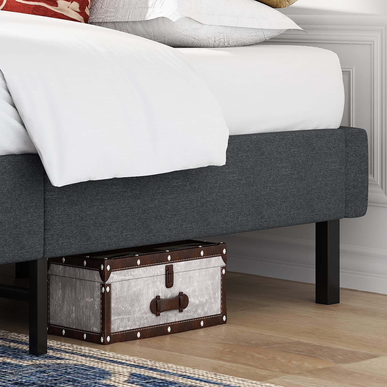Allewie Queen Size Upholstered Platform Bed Frame, 24 Wooden Slats Support, No Box Spring Needed, Dark Grey