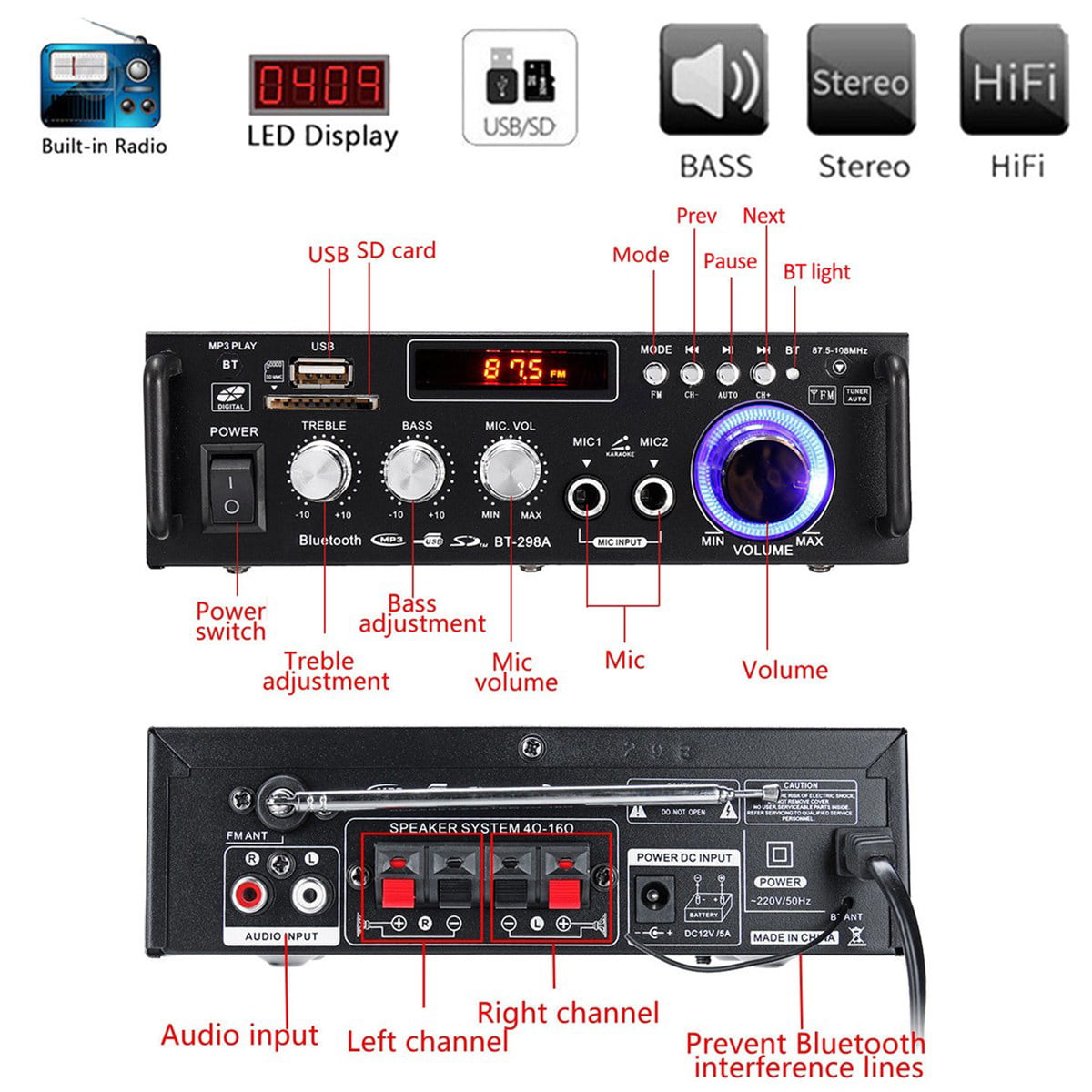 600W 4-16Ohm Amplifier with bluetooth LCD Digital Display Stereo Audio HiFi Amp MP3/USB/SD Car / Home / Theater