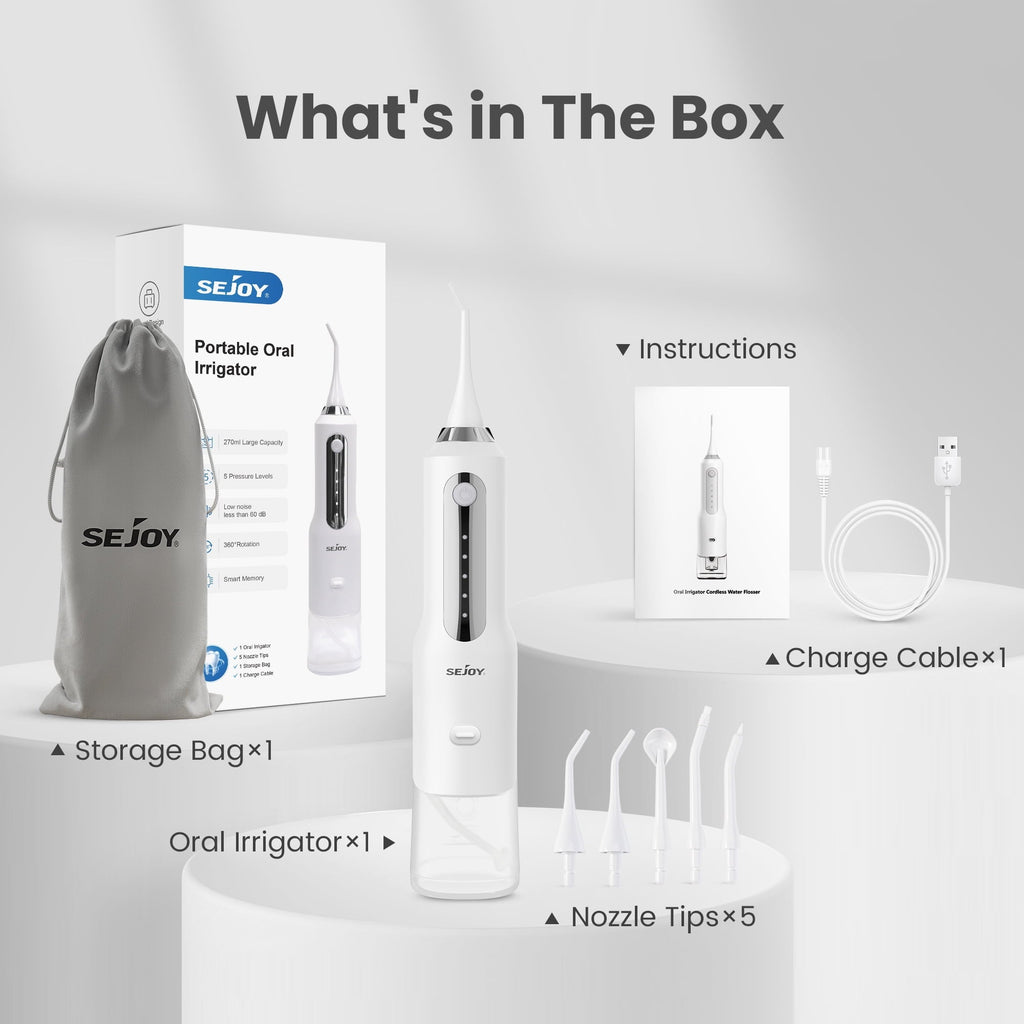Sejoy Cordless Water Flosser Dental Teeth Cleaner, Professional 270ML Tank USB Rechargeable Dental Oral Irrigator for Home and Travel, 5 Modes 5 Jet Tips, IPX7 Waterproof, Easy-to-Clean,White