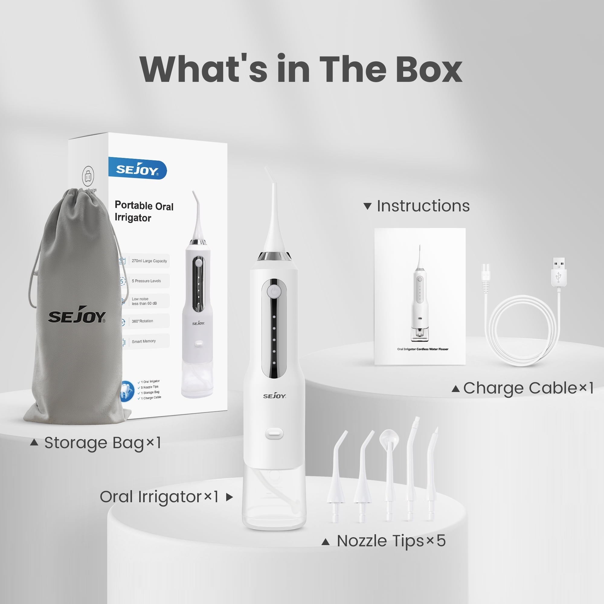 Sejoy Cordless Water Flosser Dental Teeth Cleaner, Professional 270ML Tank USB Rechargeable Dental Oral Irrigator for Home and Travel, 5 Modes 5 Jet Tips, IPX7 Waterproof, Easy-to-Clean,White