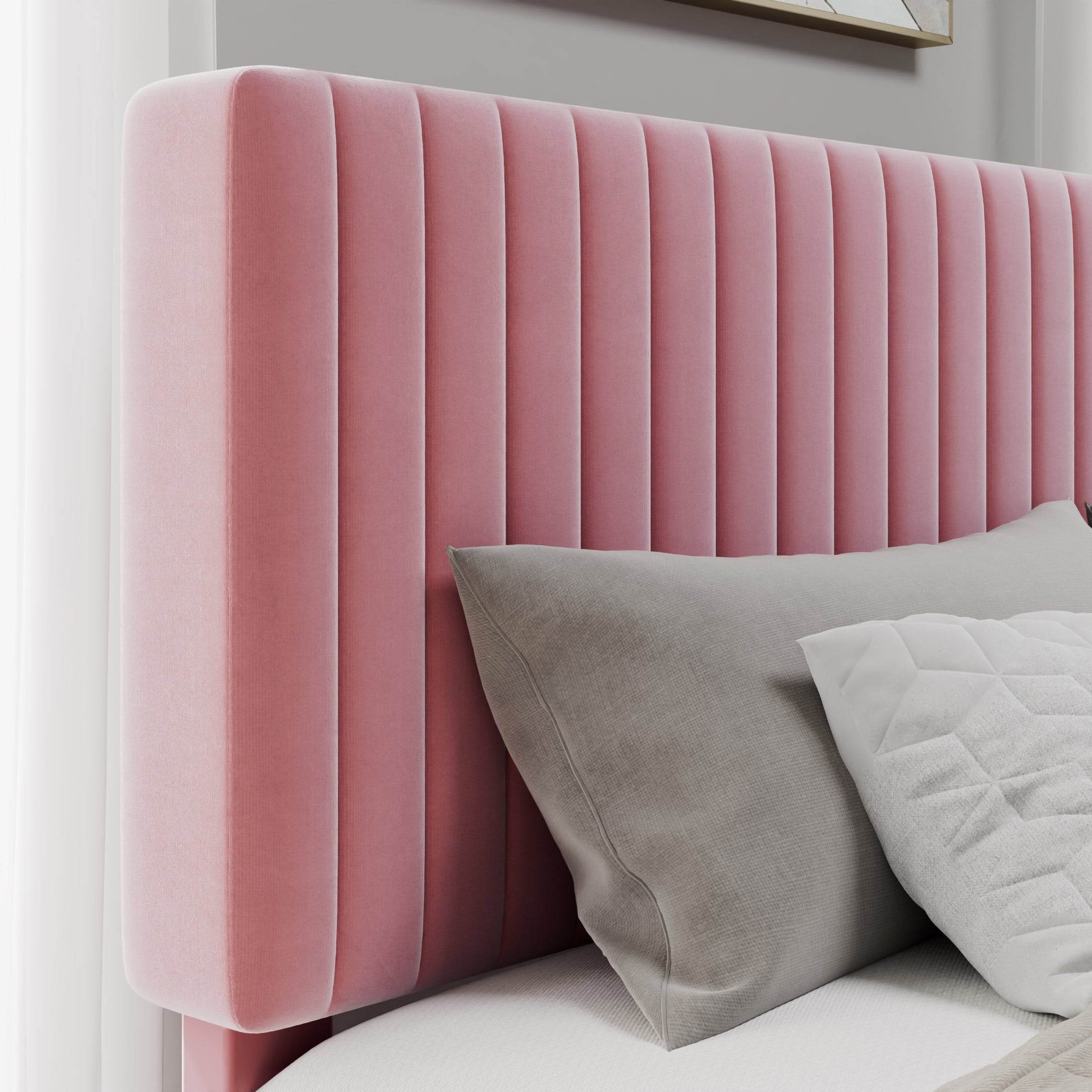 SHA CERLIN Pink Queen Size Upholstered Platform Bed Frame with Adjustable Channel Velvet Headboard, Adult