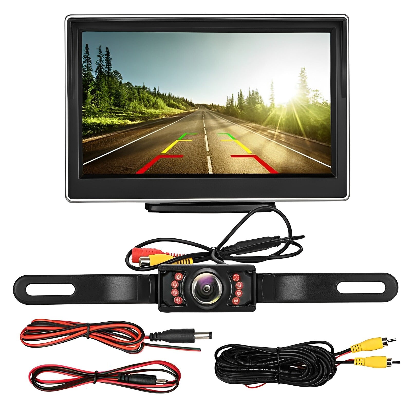Backup Camera Monitor for Car, Universal License Plate Waterproof 1080P HD Night Vision Cam with 7 IR LED Lights & Display, 5 Inch