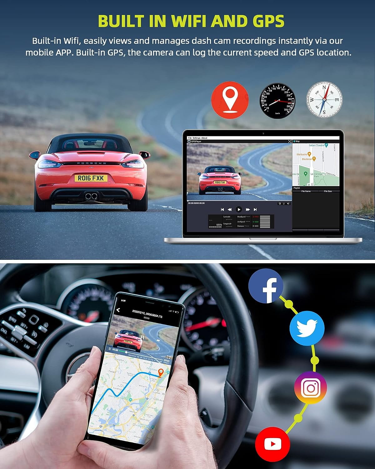 TOGUARD 3 Channel Dash Cam Front and Rear Insidewith 64GB U3 SD Card, 4K Car Camera Built-in WiFi GPS IR Night Vision Dash Camera with Loop Recording, G-Sensor,Parking Monitor