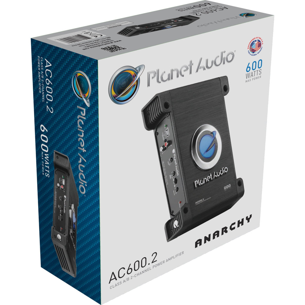Planet Audio AC600.2 Anarchy Series Car Audio Amplifier - 600 High Output, 2 Channel, Class A/B, High/Low Level Inputs, High/Low Pass Crossover, Bridgeable, Full Range, For Stereo and Subwoofer