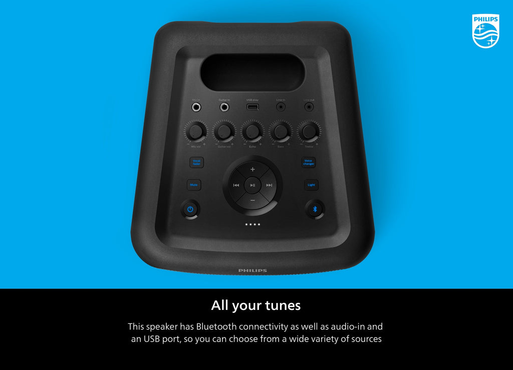 Philips X3206 Portable Bluetooth Party Speaker with Party Lights and Built-in Carry Handle, Medium Size, Black, TAX3206