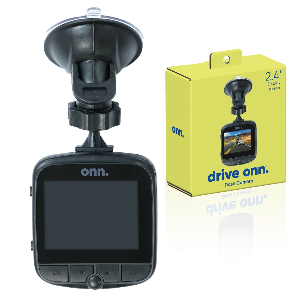 onn. 1080p HD Black Car Dash Cam, 2.4" LCD Screen, 110 Degree Vision Angle, Play Video Recordings, 0.5 lb.