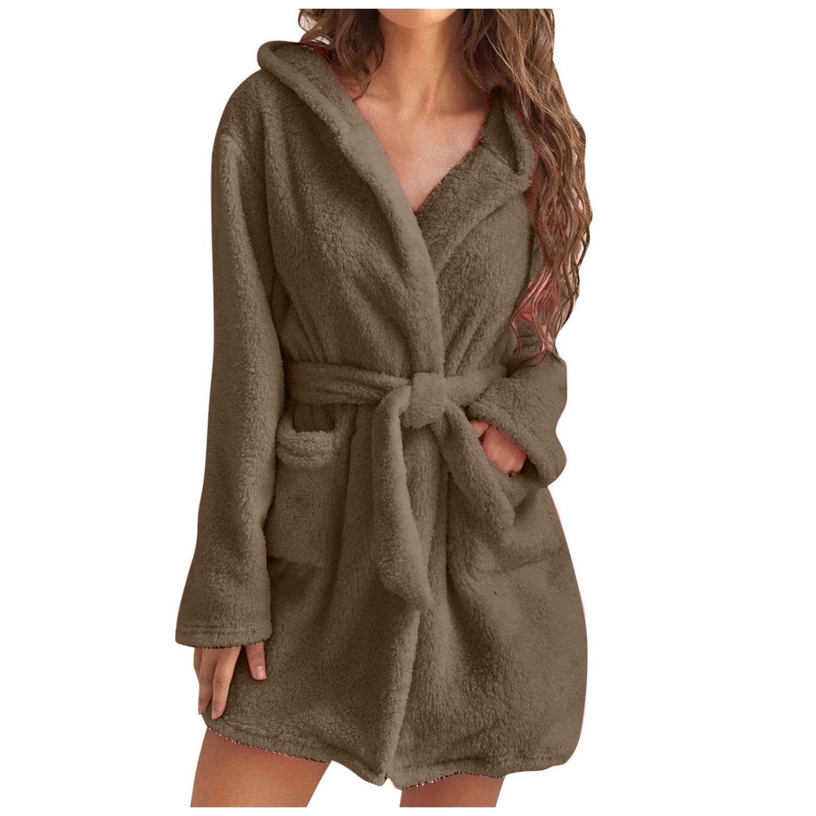 wo-fusoul Fall Fashion 2023 Deals! Bath Robes for Women Womens Plus Size Fleece Hooded Bathrobe Plush Short Robe with Pockets & Belts